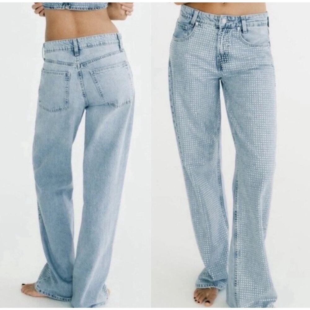 Zara Rhinestone Straight Leg Jeans High-Rise Light Wash Relaxed Size 34 / US 2
